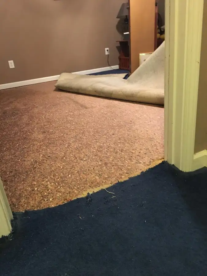 Carpet pad removal revealing water damage during Drying & Dehumidification in Country Club